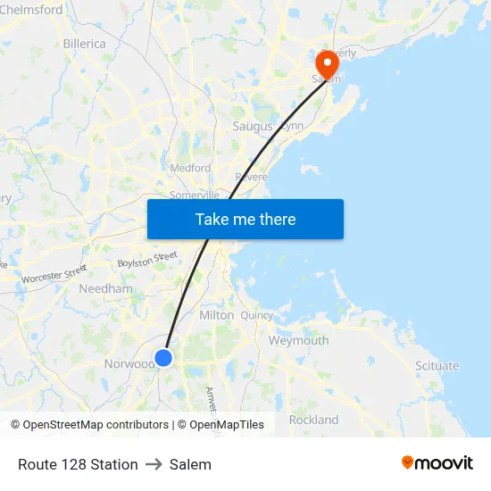 Route 128 Station to Salem map