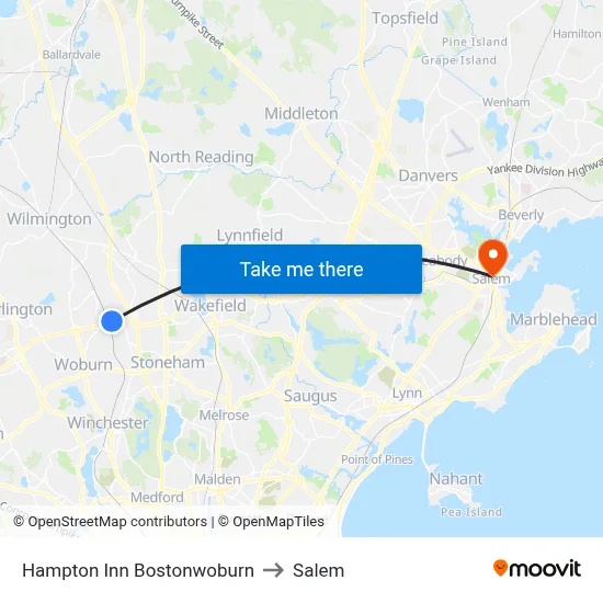 Hampton Inn Bostonwoburn to Salem map