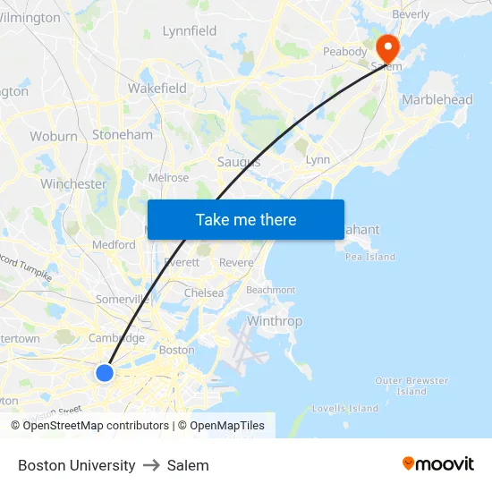 Boston University to Salem map
