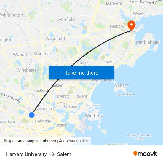 Harvard University to Salem map