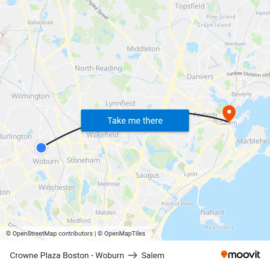Crowne Plaza Boston - Woburn to Salem map