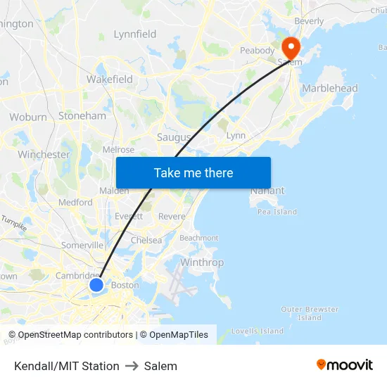 Kendall/MIT Station to Salem map