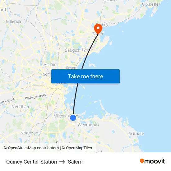 Quincy Center Station to Salem map