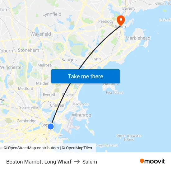 Boston Marriott Long Wharf to Salem map