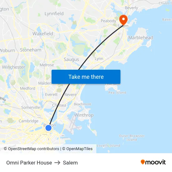 Omni Parker House to Salem map
