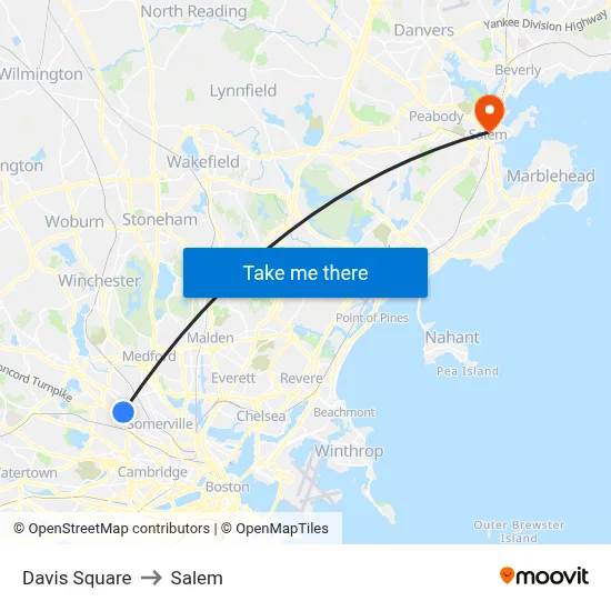 Davis Square to Salem map