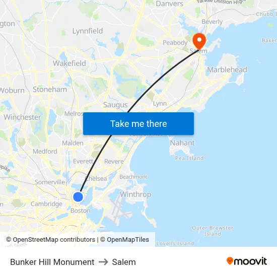 Bunker Hill Monument to Salem map