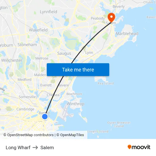 Long Wharf to Salem map