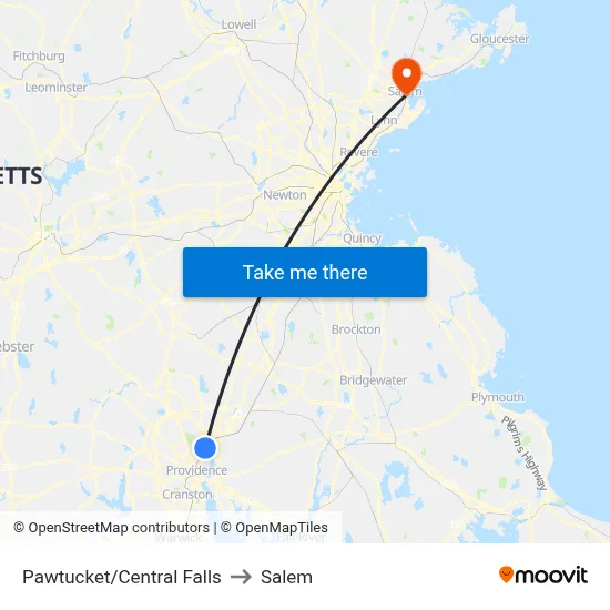 Pawtucket/Central Falls to Salem map