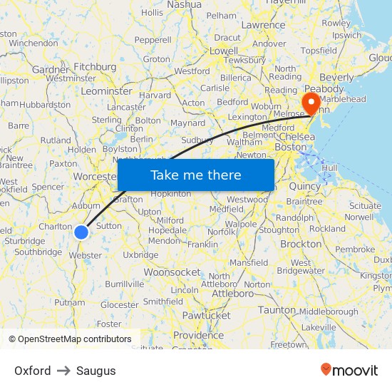 Oxford to Saugus map