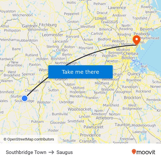 Southbridge Town to Saugus map