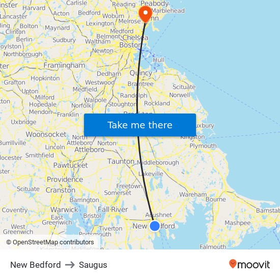 New Bedford to Saugus map