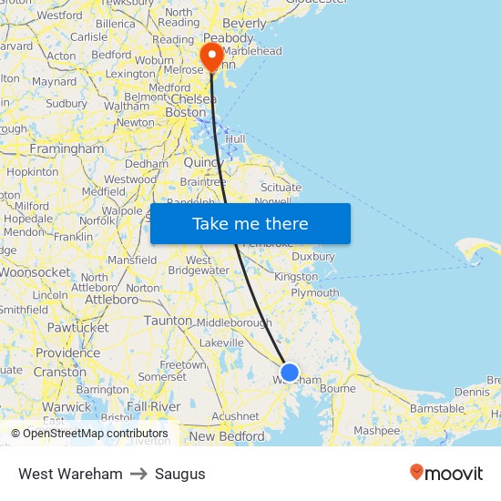 West Wareham to Saugus map