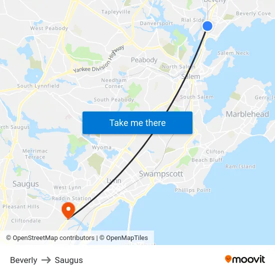 Beverly to Saugus map