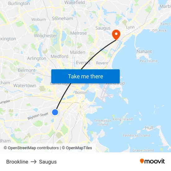 Brookline to Saugus map