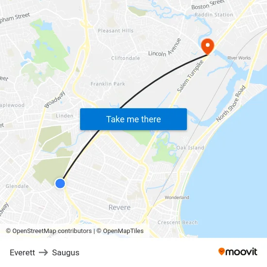 Everett to Saugus map