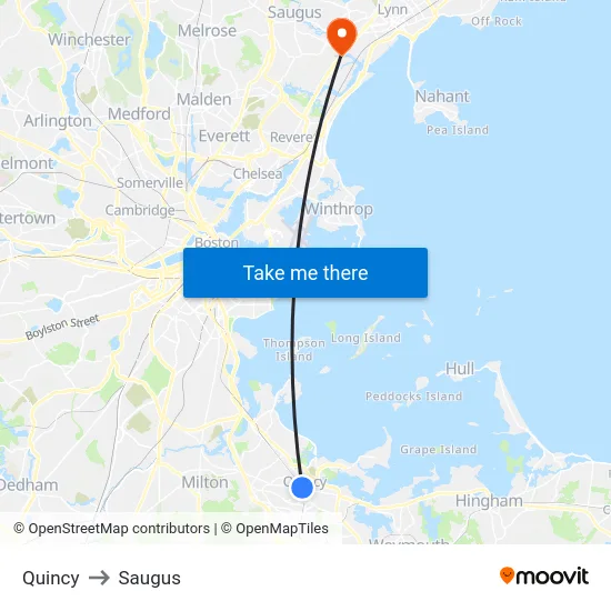 Quincy to Saugus map