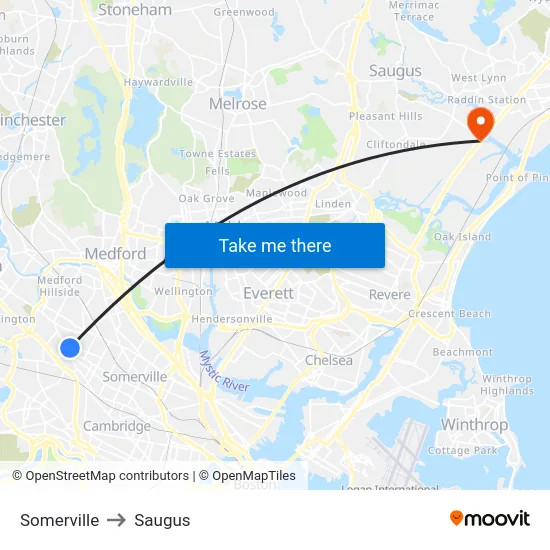 Somerville to Saugus map