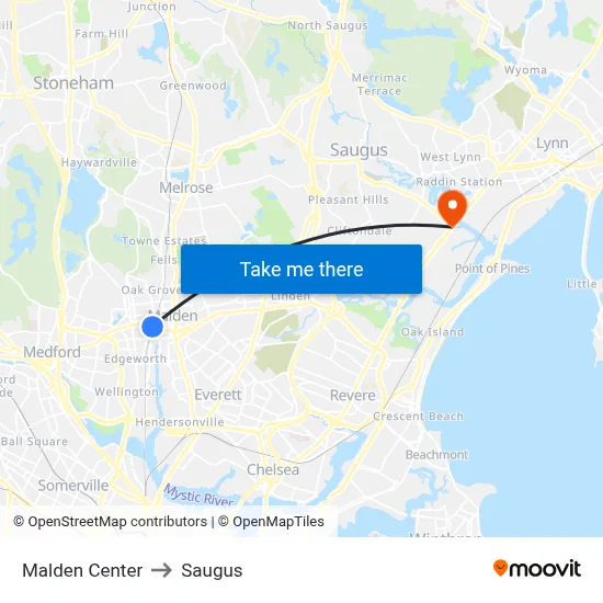 Malden Center to Saugus map