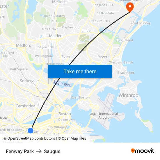 Fenway Park to Saugus map