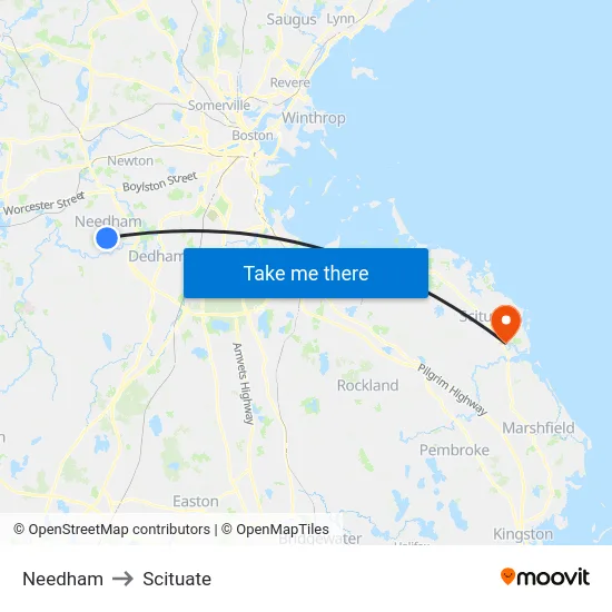 Needham to Scituate map
