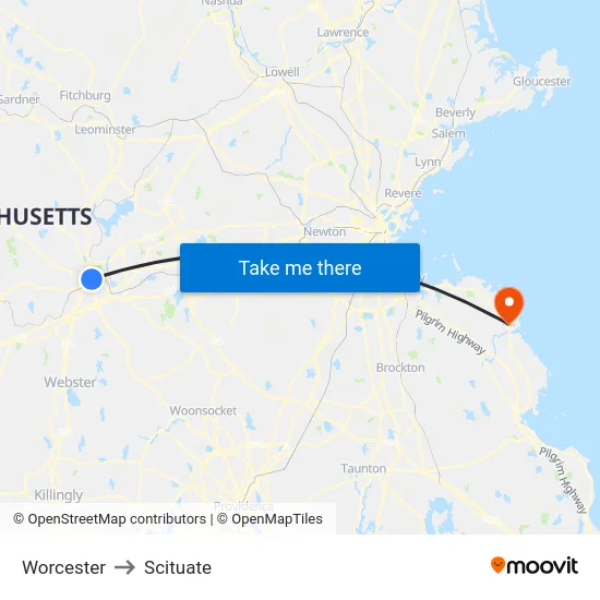 Worcester to Scituate map