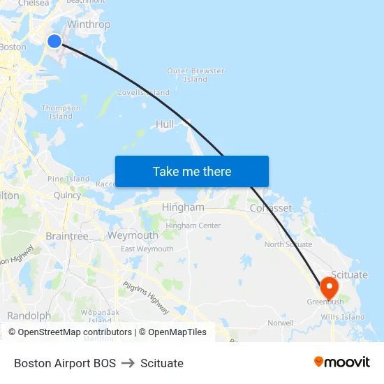 Boston Airport BOS to Scituate map
