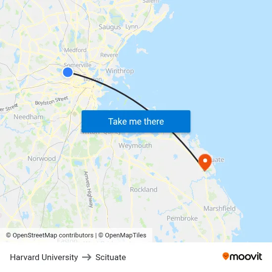 Harvard University to Scituate map