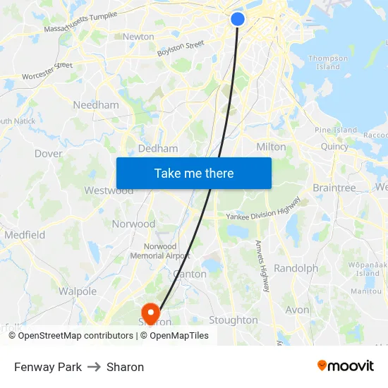 Fenway Park to Sharon map