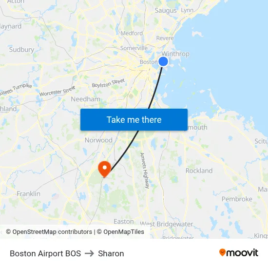 Boston Airport BOS to Sharon map