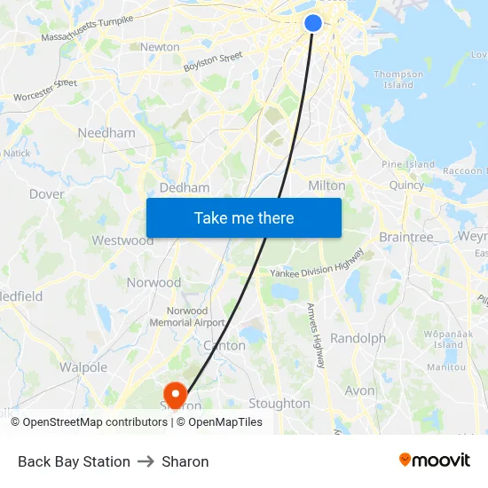 Back Bay Station to Sharon map