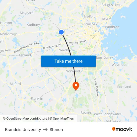 Brandeis University to Sharon map