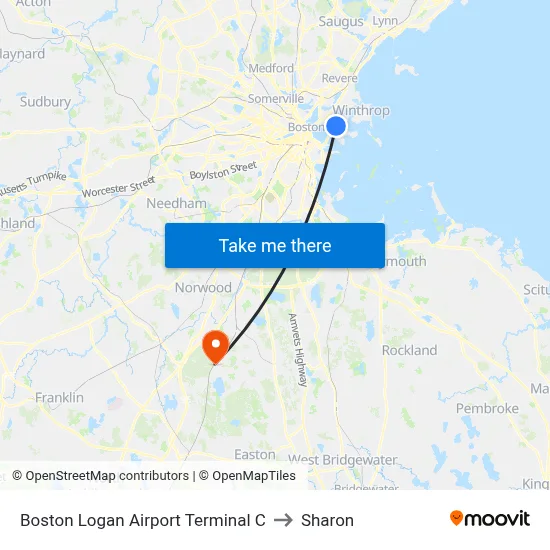 Boston Logan Airport Terminal C to Sharon map