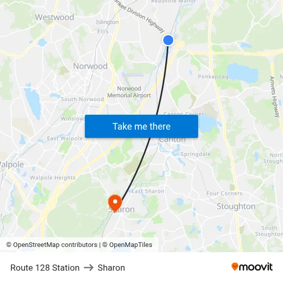Route 128 Station to Sharon map