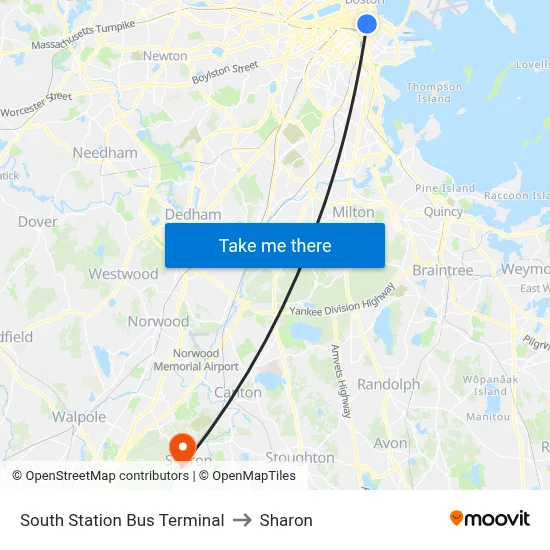 South Station Bus Terminal to Sharon map
