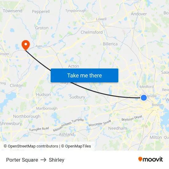 Porter Square to Shirley map