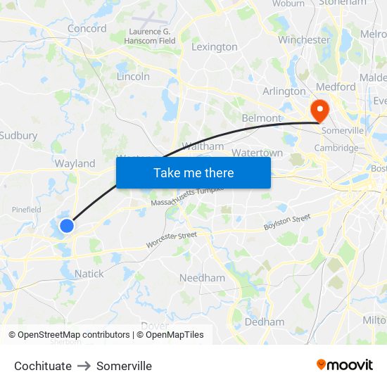 Cochituate to Somerville map