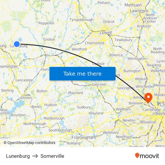 Lunenburg to Somerville map