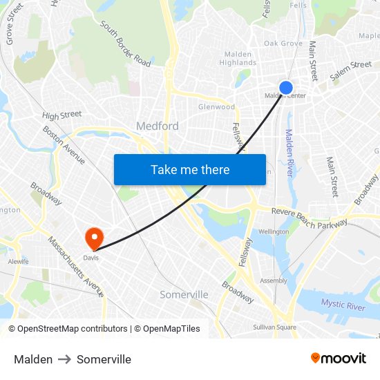 Malden to Somerville map