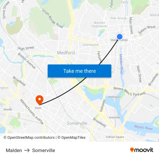 Malden to Somerville map