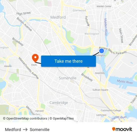 Medford to Somerville map