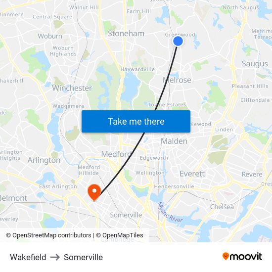 Wakefield to Somerville map