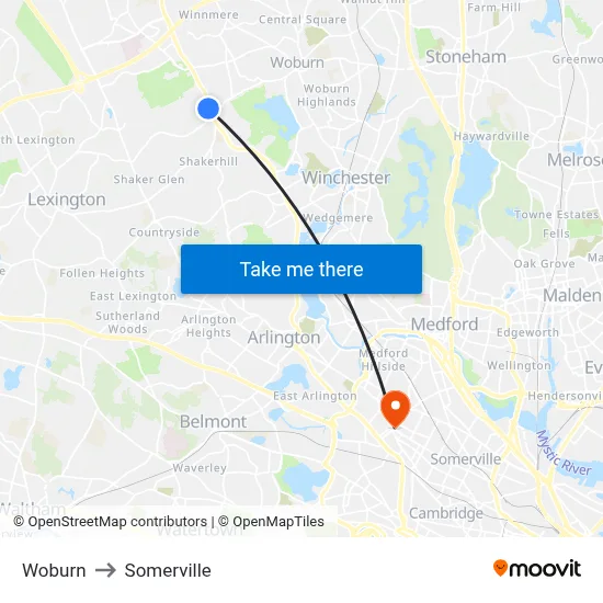 Woburn to Somerville map