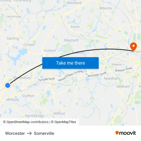 Worcester to Somerville map
