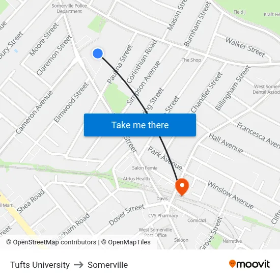 Tufts University to Somerville map