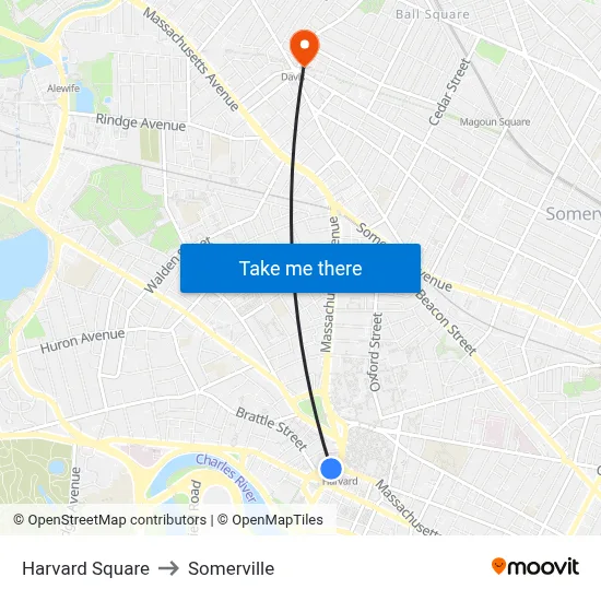 Harvard Square to Somerville map