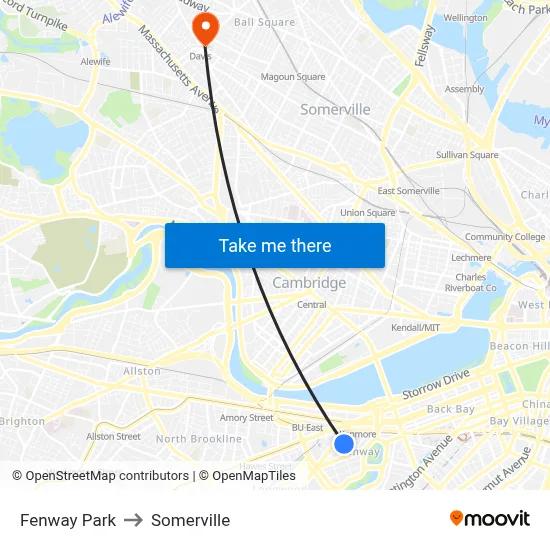 Fenway Park to Somerville map