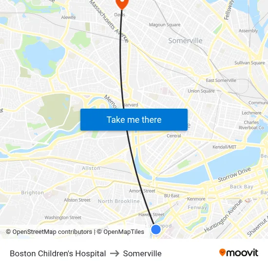 Boston Children's Hospital to Somerville map