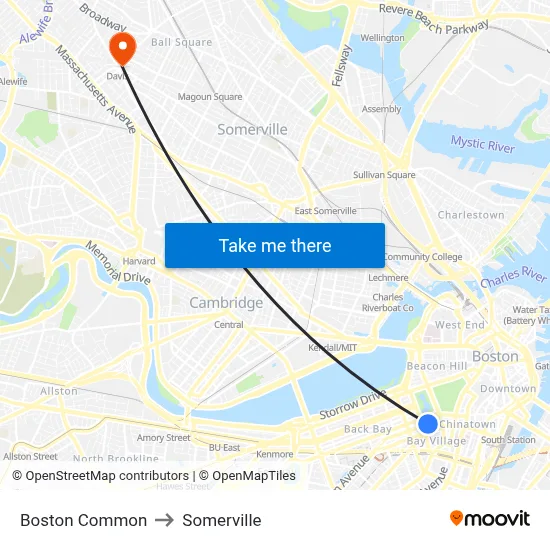 Boston Common to Somerville map