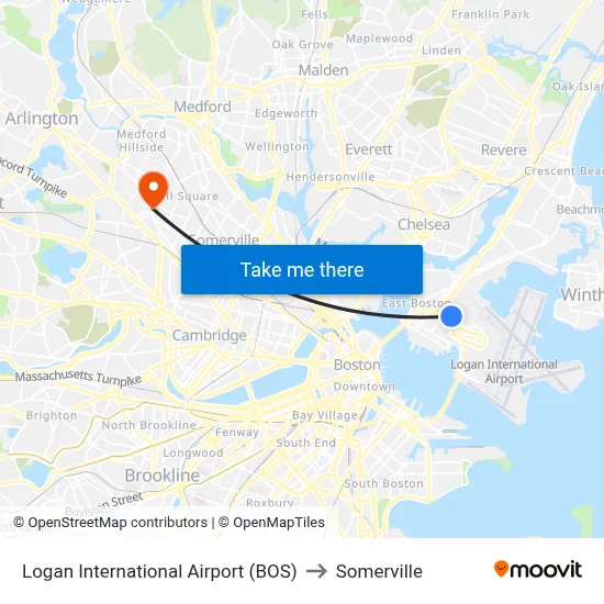Logan International Airport (BOS) to Somerville map